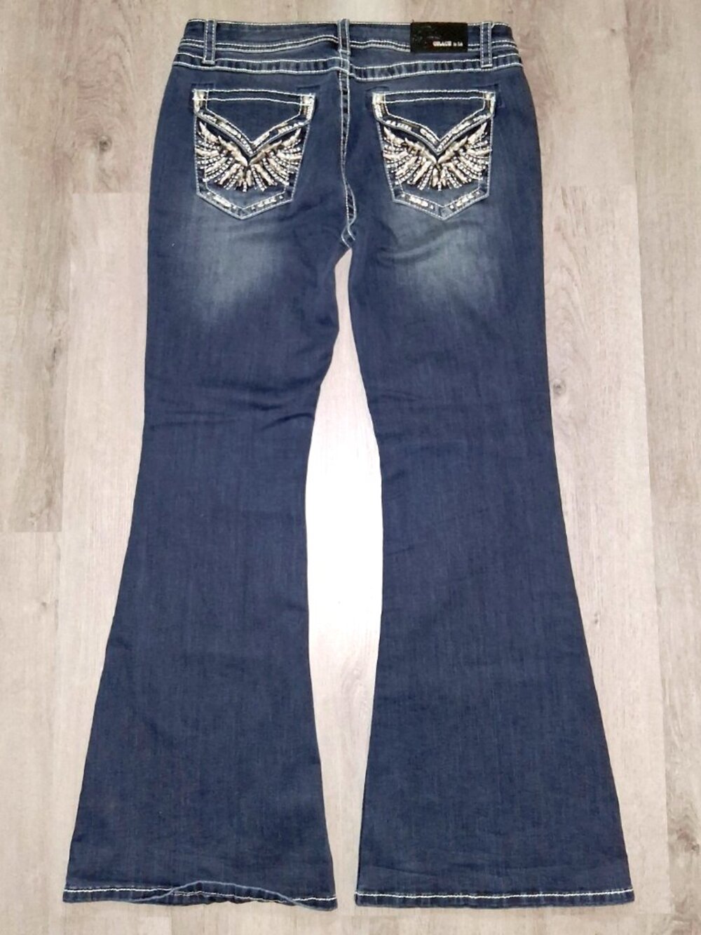 Grace in LA Easy Fit Flared Jeans Size 34 Rhinestone Bling Angel Wings Wide Leg